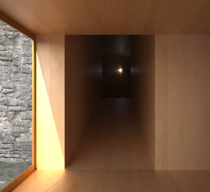 Visualisierung Blick in einen Innenraum aus Holz, am rechten Bildrand Ausblick aus einem Fenster auf einen Natursteinwand