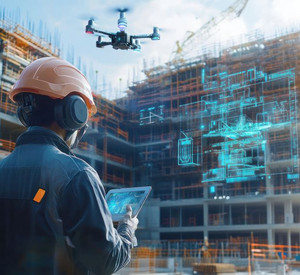 Das Bild zeigt eine moderne Baustellenszene, die den Einsatz von Künstlicher Intelligenz in der Baubranche symbolisiert. Im Vordergrund steht ein Bauarbeiter mit Sicherheitshelm und Warnweste, der ein Tablet in den Händen hält. Sein Blick ist konzentriert auf den Bildschirm gerichtet, als würde er digitale Baupläne oder Echtzeitdaten abrufen. Im Hintergrund befindet sich ein teilweise fertiggestellter Rohbau. Auf dessen Wandflächen sind großformatige technische Zeichnungen und digitale Konstruktionslinien als Projektion sichtbar – ein Hinweis auf intelligente Planungssysteme und AR-gestützte Bauprozesse. Über der Baustelle kreist eine Drohne, die offenbar Vermessungen durchführt oder den Baufortschritt dokumentiert. Die gesamte Szene vermittelt den Eindruck einer hochdigitalisierten Baustelle, in der KI-gestützte Technologien, Automatisierung und präzise Datenerfassung den Bauprozess effizienter und moderner gestalten.