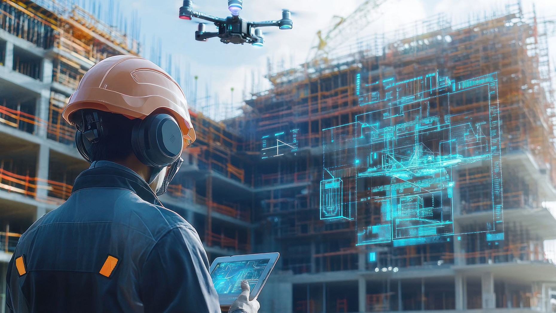 Das Bild zeigt eine moderne Baustellenszene, die den Einsatz von Künstlicher Intelligenz in der Baubranche symbolisiert. Im Vordergrund steht ein Bauarbeiter mit Sicherheitshelm und Warnweste, der ein Tablet in den Händen hält. Sein Blick ist konzentriert auf den Bildschirm gerichtet, als würde er digitale Baupläne oder Echtzeitdaten abrufen. Im Hintergrund befindet sich ein teilweise fertiggestellter Rohbau. Auf dessen Wandflächen sind großformatige technische Zeichnungen und digitale Konstruktionslinien als Projektion sichtbar – ein Hinweis auf intelligente Planungssysteme und AR-gestützte Bauprozesse. Über der Baustelle kreist eine Drohne, die offenbar Vermessungen durchführt oder den Baufortschritt dokumentiert. Die gesamte Szene vermittelt den Eindruck einer hochdigitalisierten Baustelle, in der KI-gestützte Technologien, Automatisierung und präzise Datenerfassung den Bauprozess effizienter und moderner gestalten.