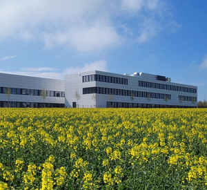 Im Vordergrund erstreckt sich ein leuchtend gelbes Rapsfeld. Dahinter steht ein langes, rechteckiges Gewerbegebäude. Die Fassade des Gebäudes ist grau verkleidet und wirkt sachlich und modern. Das Gebäude bildet eine klare, horizontale Linie hinter dem farbintensiven Feld.